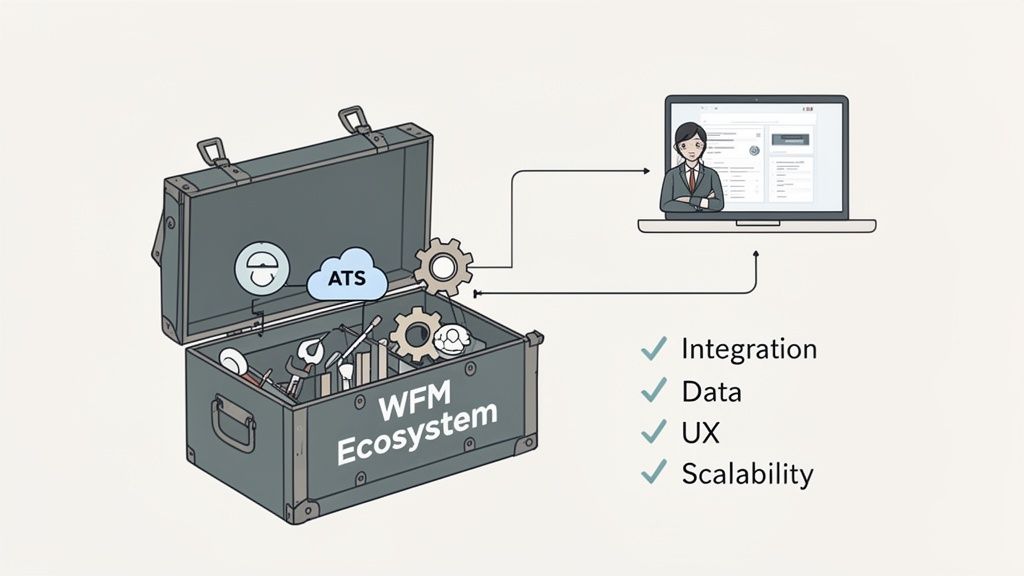 A WFM Ecosystem toolbox containing ATS and tools connects to a laptop, emphasizing integration and scalability.