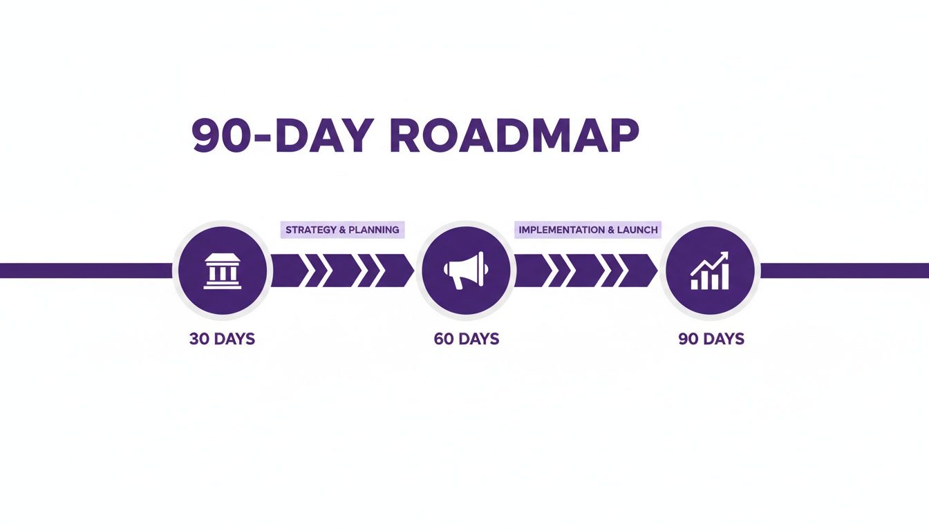 A visual 90-day roadmap illustrating three stages: Strategy & Planning, Implementation & Launch, and Growth.