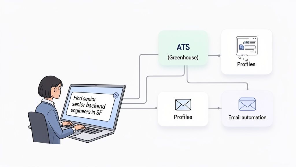 A person searches for engineers on a laptop, connecting to an ATS for profiles and email automation.