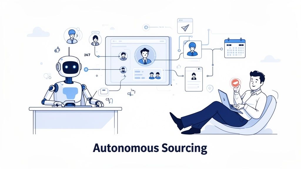 An AI robot at a desk autonomously sources candidates, connecting profiles to a person working on a laptop.