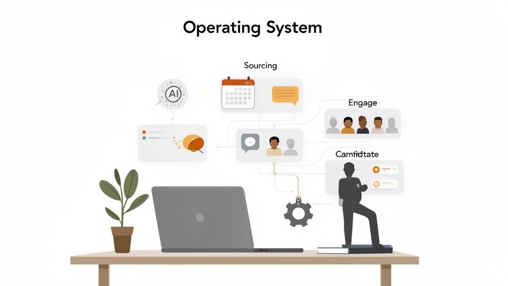 how to work from home showing a remote recruiting operating system with sourcing, engaging, and candidate processes.
