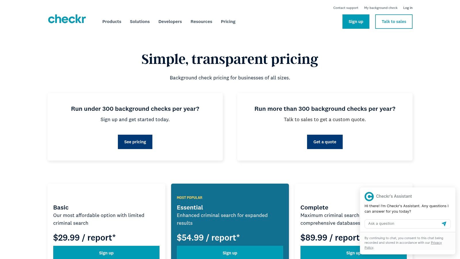 Remote hiring tools pricing plans from Checkr's website