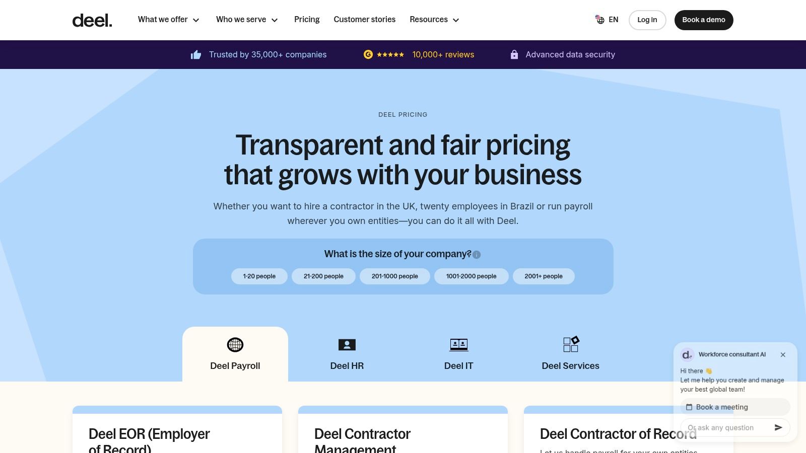 Remote hiring tools showing Deel's pricing page for EOR and contractor management