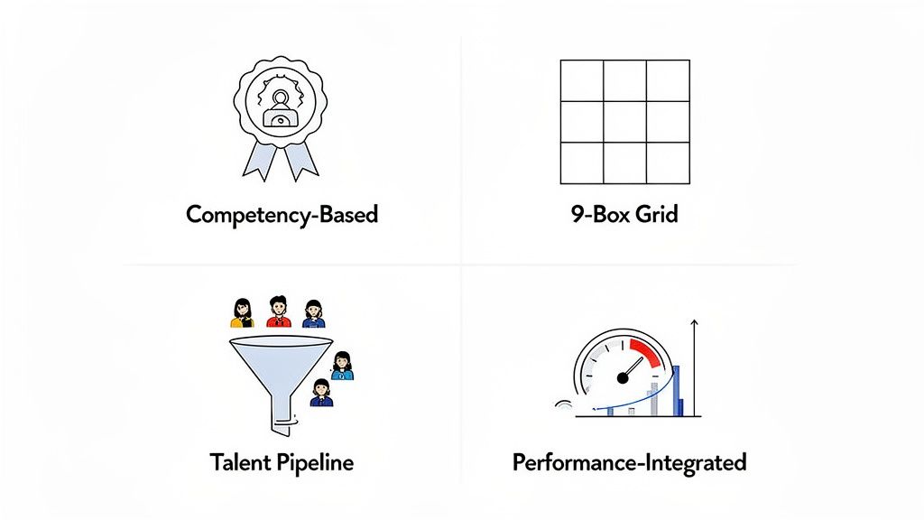 Four talent management models: Competency-Based, 9-Box Grid, Talent Pipeline, and Performance-Integrated strategies.