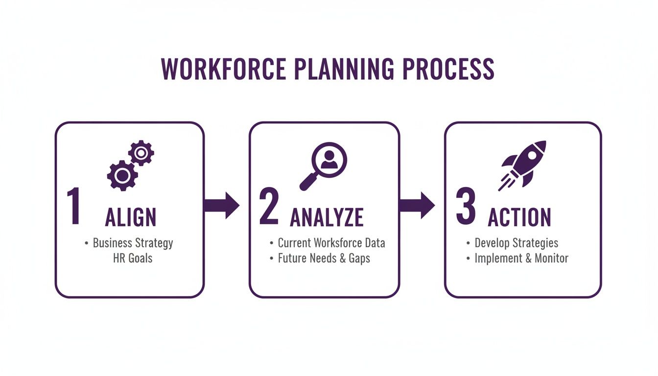 Infographic detailing the three steps of the workforce planning process: Align, Analyze, Action.