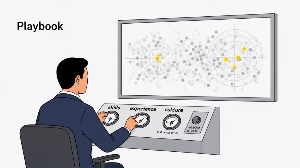 A man adjusts 'skills,' 'experience,' and 'culture' dials to optimize talent matching on a screen.