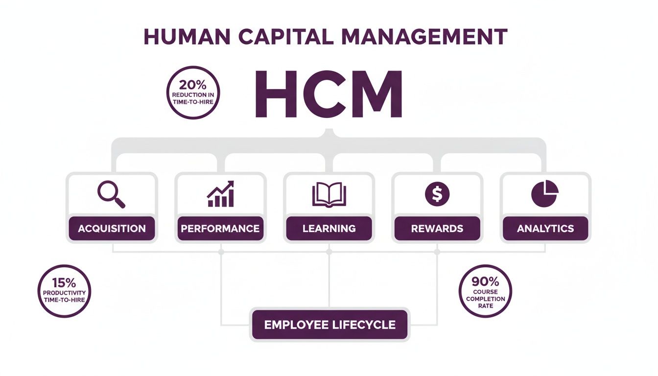 A detailed diagram outlining Human Capital Management (HCM) process with key pillars and metrics.