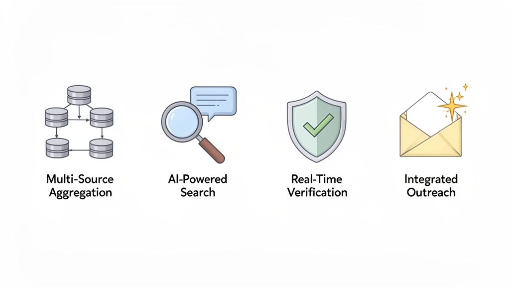 Four icons illustrate system features: multi-source aggregation, AI search, real-time verification, and integrated outreach.