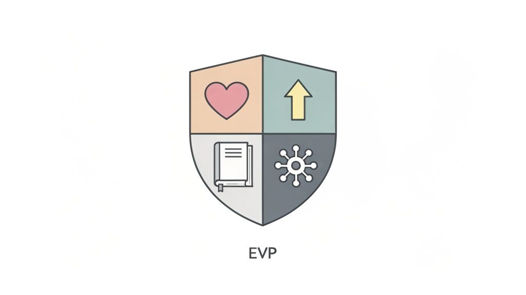 A colorful shield divided into four quadrants showing a heart, upward arrow, book, and starburst icon, with 'EVP' text below, which is an example of an employer branding best practices visual.