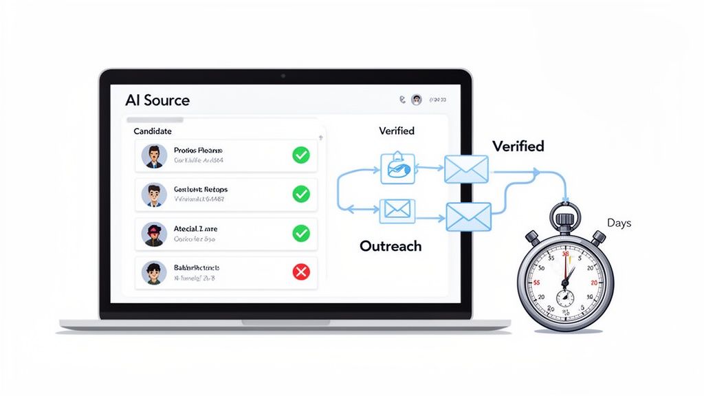 AI-powered platform on a laptop displaying candidate sourcing, verification, and outreach steps, measured by a stopwatch for time efficiency.