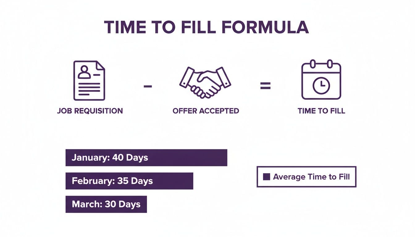 time to fill metrics formula with simple icons representing job requisition, subtraction, offer acceptance, and a calendar for the final metric.