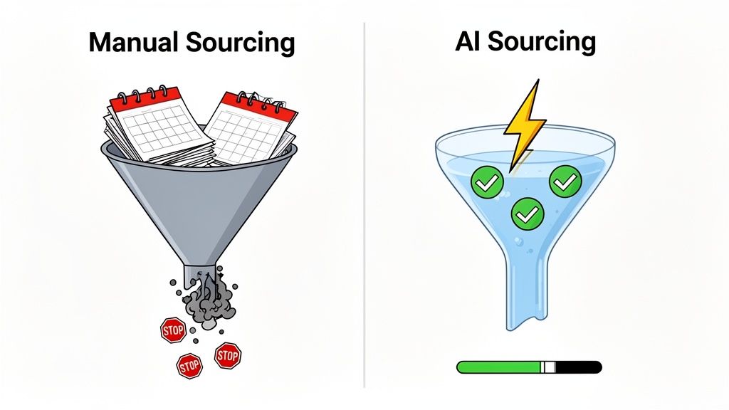 Infographic comparing inefficient manual sourcing with calendars and stop signs to fast, effective AI sourcing with checkmarks and lightning.